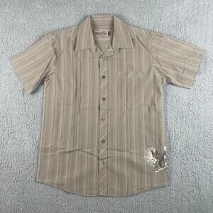 XG Prep Men's Large Brown Striped Crest Short Sleeve Button Up Shirt